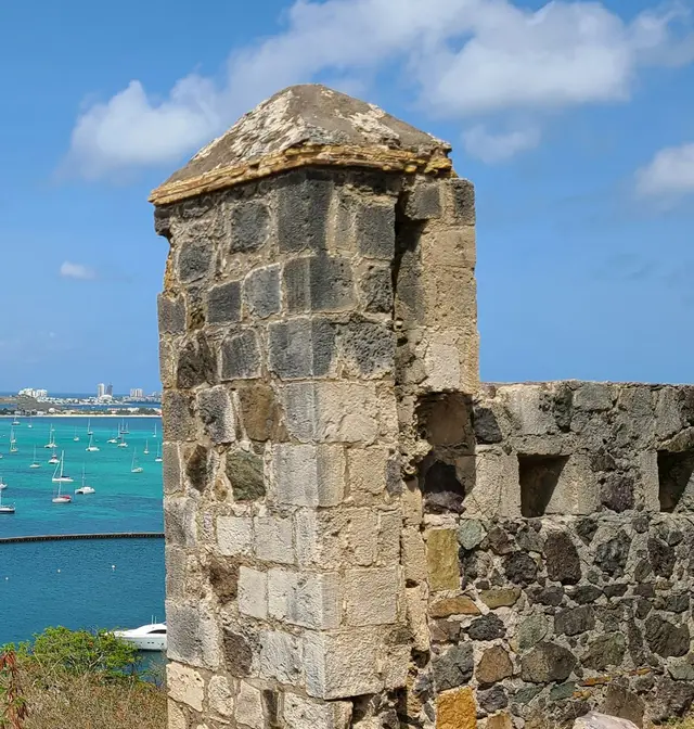 View from the stone lookout at Fort Louis over Marigot Bay and its harbour, Saint-Martin
