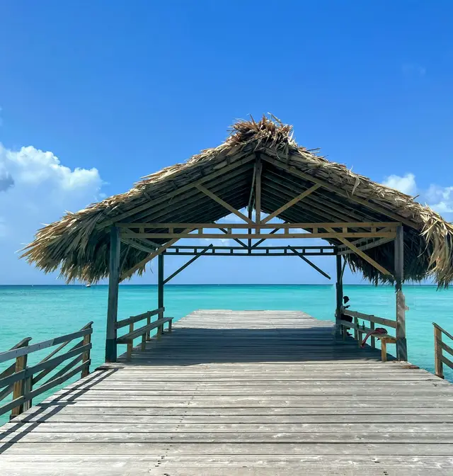 Wooden pier with a thatched-roof pavilion over clear turquoise water in Tobago, Trinidad and Tobago