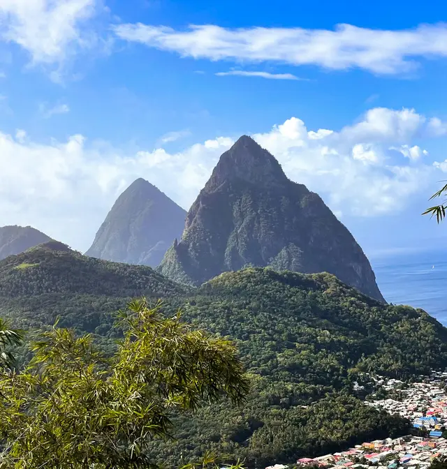 The twin Pitons rising from the sea above the coast of St Lucia