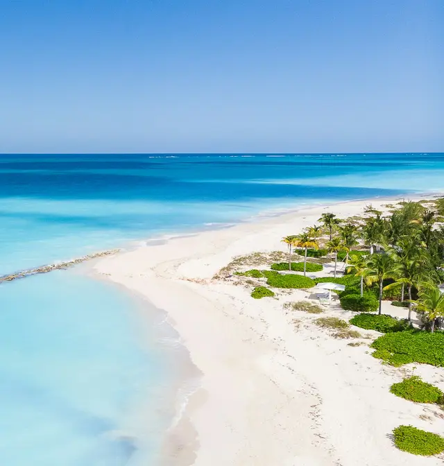 Aerial view of a white-sand beach fringed with palm trees beside bright turquoise water, Turks and Caicos Islands
