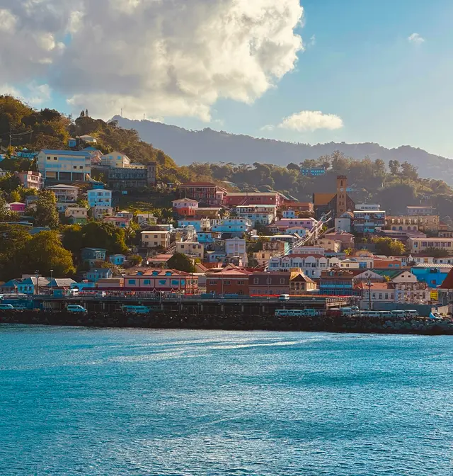 Colourful hillside town and harbour of St. George's, Grenada, viewed from the water