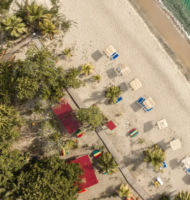 Aerial view of Pinney's Beach, Nevis, with golden sand, beach loungers, palm trees and turquoise water